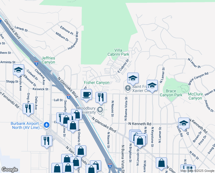 map of restaurants, bars, coffee shops, grocery stores, and more near 9642 Vía Torino in Burbank