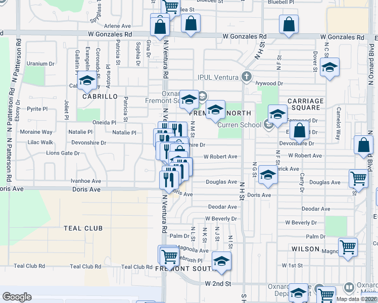 map of restaurants, bars, coffee shops, grocery stores, and more near 836 North Ventura Road in Oxnard
