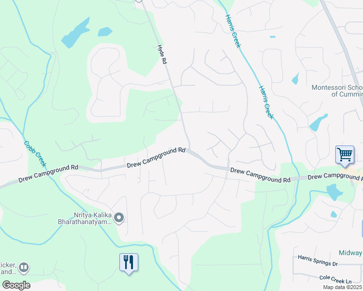 map of restaurants, bars, coffee shops, grocery stores, and more near 3835 Drew Campground Road in Cumming