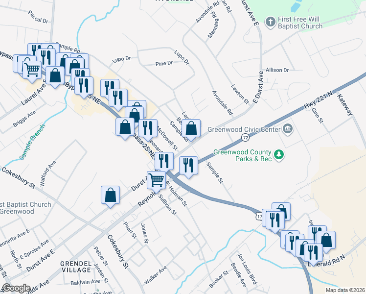 map of restaurants, bars, coffee shops, grocery stores, and more near 811 Durst Avenue East in Greenwood