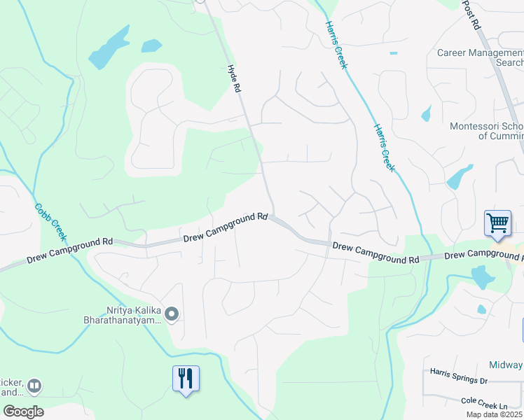 map of restaurants, bars, coffee shops, grocery stores, and more near 3852 Drew Campground Road in Cumming