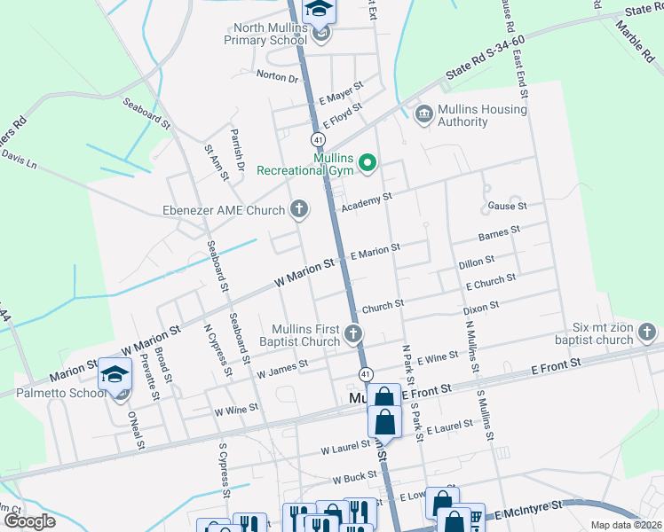 map of restaurants, bars, coffee shops, grocery stores, and more near 107 West Marion Street in Mullins