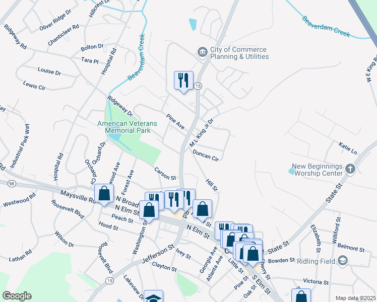 map of restaurants, bars, coffee shops, grocery stores, and more near 32 Martin Luther King Junior Drive in Commerce