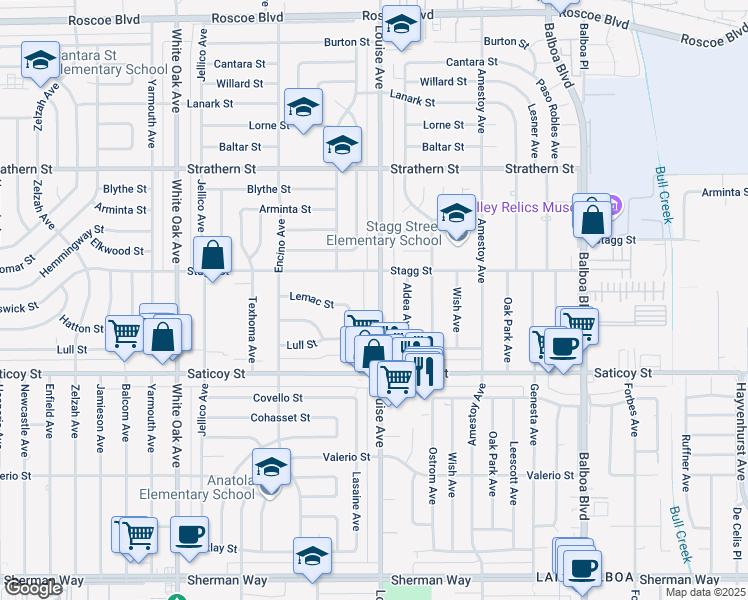map of restaurants, bars, coffee shops, grocery stores, and more near 7727 Louise Avenue in Los Angeles