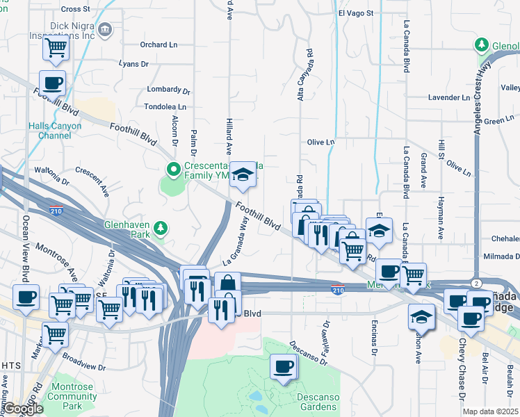 map of restaurants, bars, coffee shops, grocery stores, and more near 4515 El Camino Corto in La Cañada Flintridge