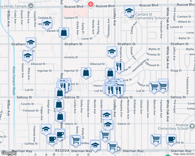 map of restaurants, bars, coffee shops, grocery stores, and more near 7729 Wynne Avenue in Los Angeles