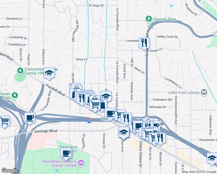 map of restaurants, bars, coffee shops, grocery stores, and more near 4650 Encinas Drive in La Cañada Flintridge