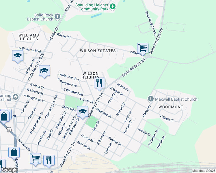 map of restaurants, bars, coffee shops, grocery stores, and more near 327 East Royal Street in Florence