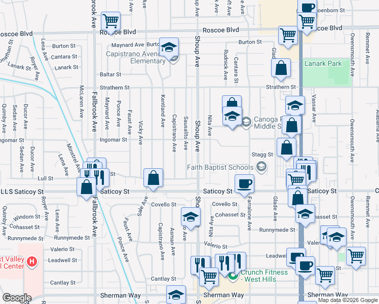 map of restaurants, bars, coffee shops, grocery stores, and more near 7710 Sausalito Avenue in Los Angeles