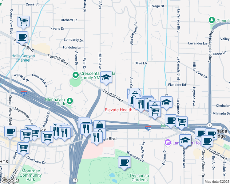 map of restaurants, bars, coffee shops, grocery stores, and more near 4515 El Camino Corto in La Cañada Flintridge