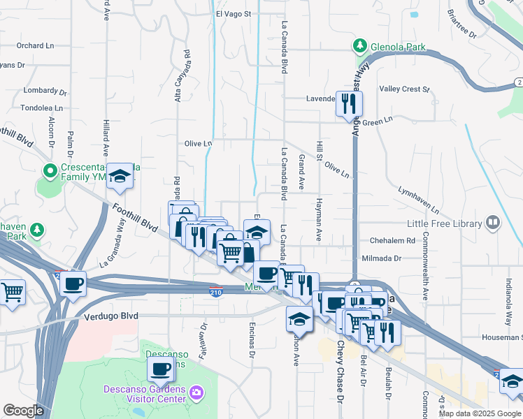 map of restaurants, bars, coffee shops, grocery stores, and more near 4650 Encinas Drive in La Cañada Flintridge