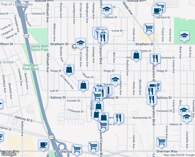 map of restaurants, bars, coffee shops, grocery stores, and more near 12045 Keswick Street in Los Angeles