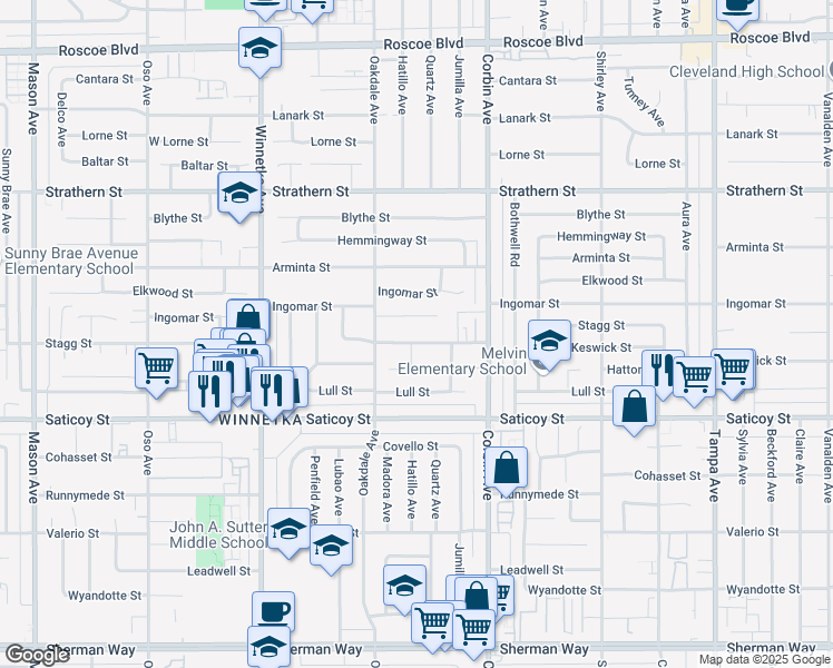 map of restaurants, bars, coffee shops, grocery stores, and more near 19821 Stagg Street in Los Angeles