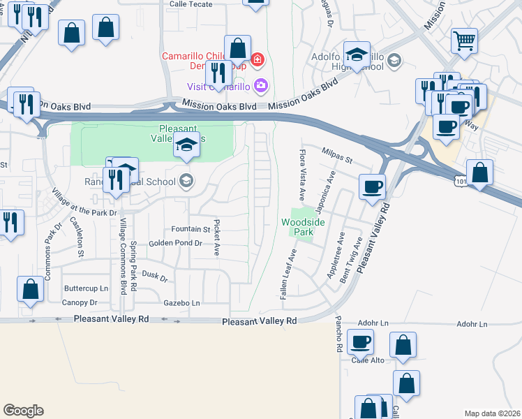 map of restaurants, bars, coffee shops, grocery stores, and more near 142 Via Rosal in Camarillo