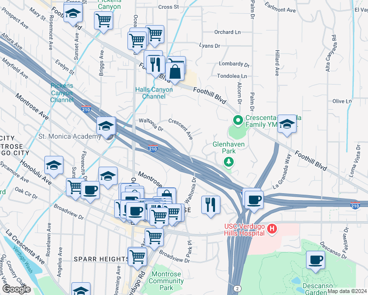 map of restaurants, bars, coffee shops, grocery stores, and more near 1941 Waltonia Drive in La Crescenta-Montrose