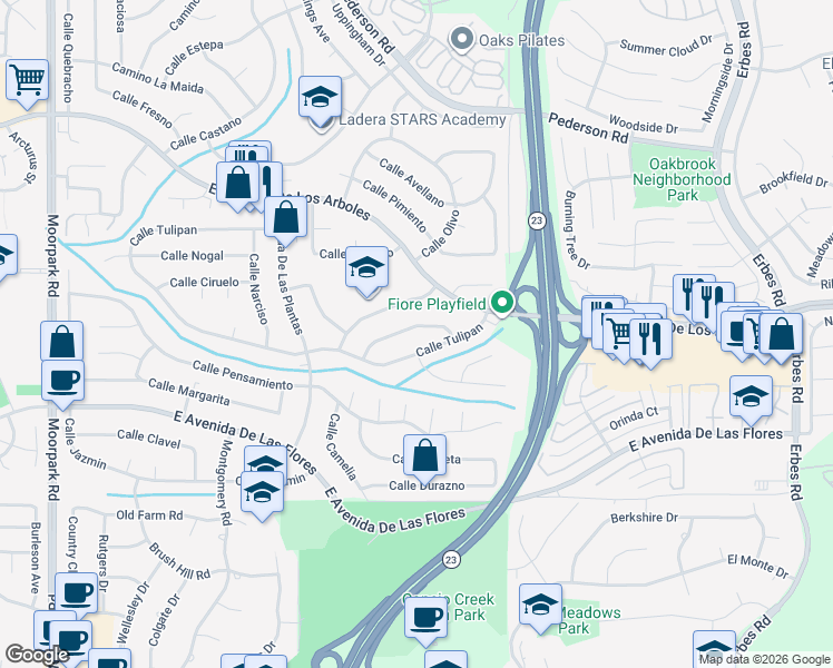 map of restaurants, bars, coffee shops, grocery stores, and more near 1356 Calle Crisantemo in Thousand Oaks