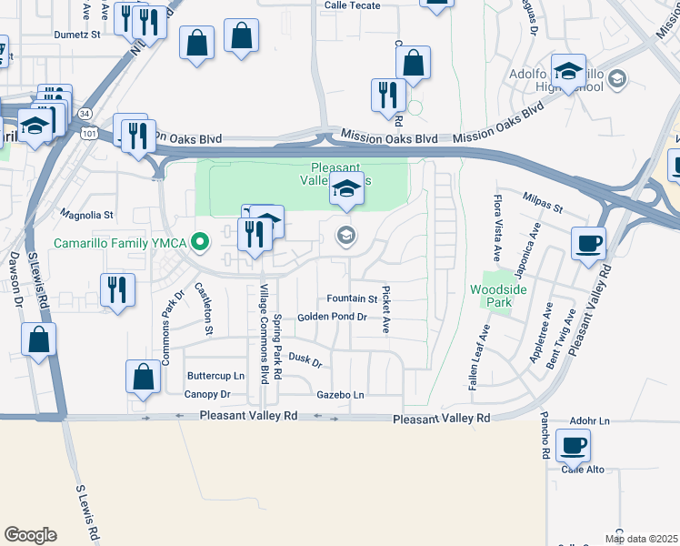 map of restaurants, bars, coffee shops, grocery stores, and more near 305 Davenport Street in Camarillo
