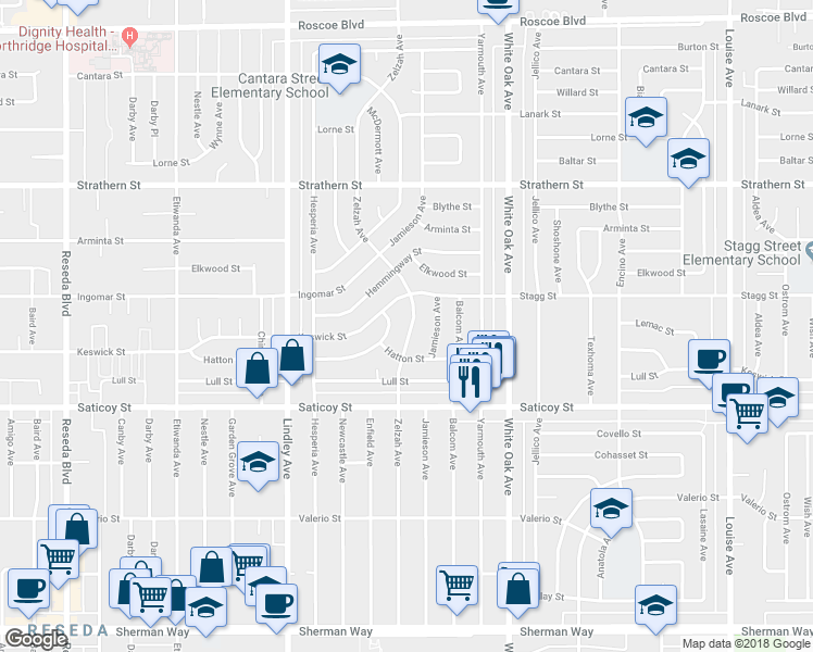 map of restaurants, bars, coffee shops, grocery stores, and more near 7735 Zelzah Avenue in Reseda