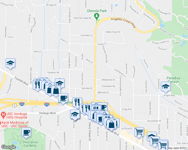 map of restaurants, bars, coffee shops, grocery stores, and more near 4901 Angeles Crest Circle in La Cañada Flintridge