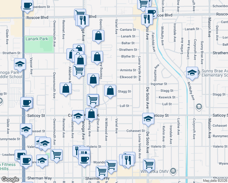 map of restaurants, bars, coffee shops, grocery stores, and more near 7741 Variel Avenue in Los Angeles