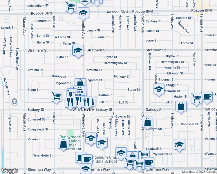 map of restaurants, bars, coffee shops, grocery stores, and more near 19917 Stagg Street in Los Angeles