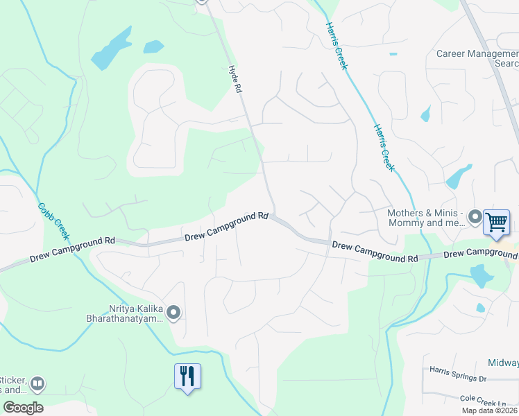 map of restaurants, bars, coffee shops, grocery stores, and more near 3835 Drew Campground Road in Cumming