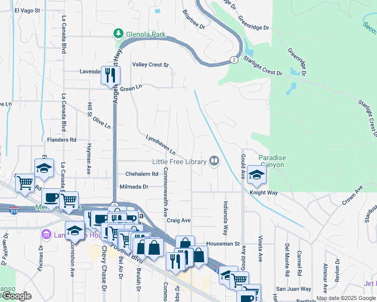 map of restaurants, bars, coffee shops, grocery stores, and more near 5023 Oakwood Avenue in La Cañada Flintridge
