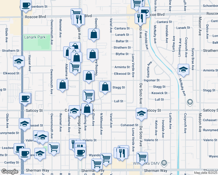 map of restaurants, bars, coffee shops, grocery stores, and more near 7741 Variel Avenue in Los Angeles