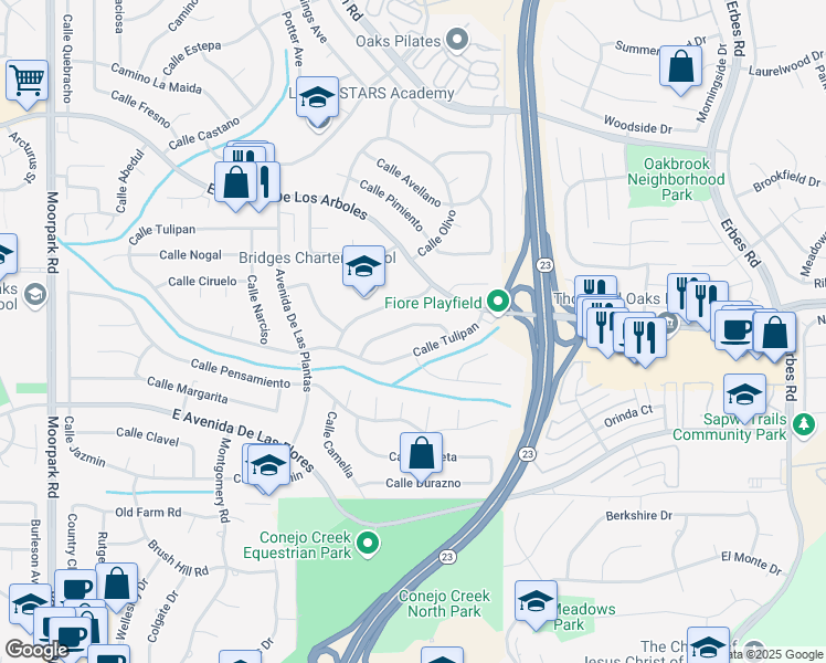 map of restaurants, bars, coffee shops, grocery stores, and more near 1356 Calle Crisantemo in Thousand Oaks