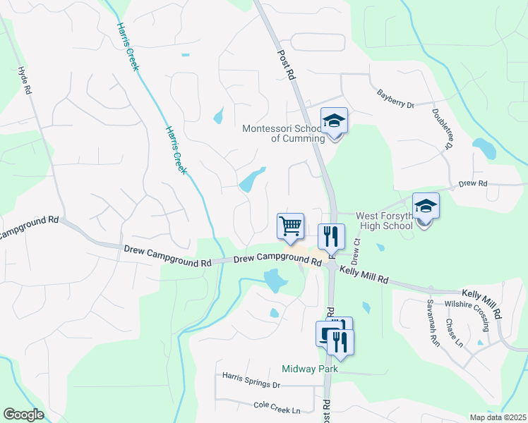 map of restaurants, bars, coffee shops, grocery stores, and more near 3685 Fedorite Walk in Cumming