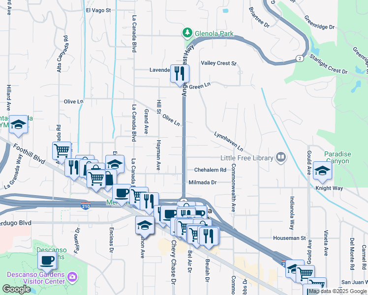 map of restaurants, bars, coffee shops, grocery stores, and more near 4825 Angeles Crest Highway in La Cañada Flintridge