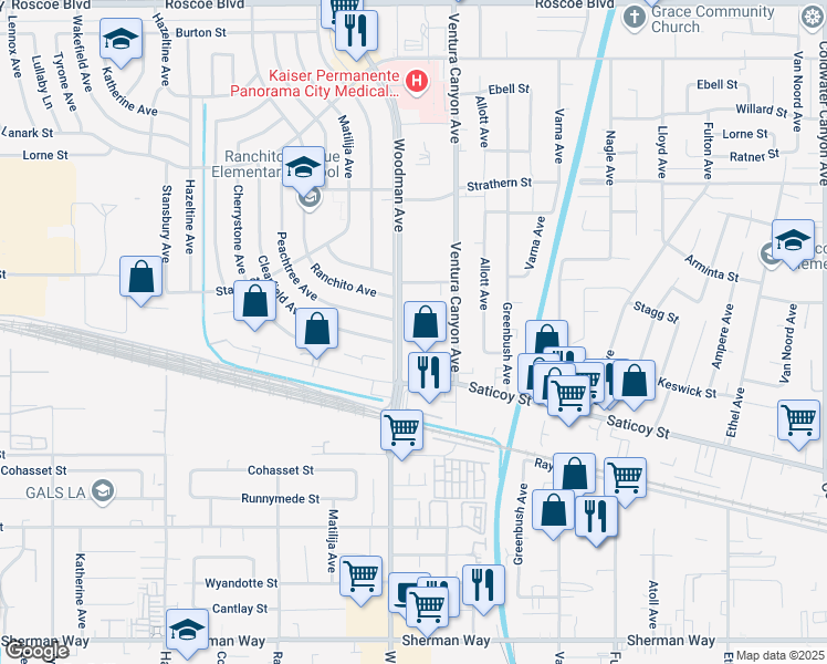 map of restaurants, bars, coffee shops, grocery stores, and more near 7730 Woodman Avenue in Los Angeles