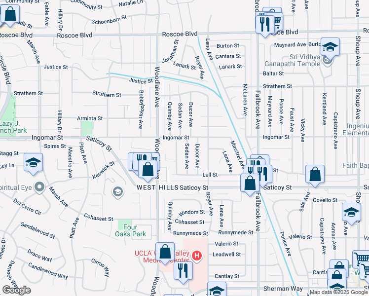 map of restaurants, bars, coffee shops, grocery stores, and more near 7729 Sedan Avenue in Los Angeles
