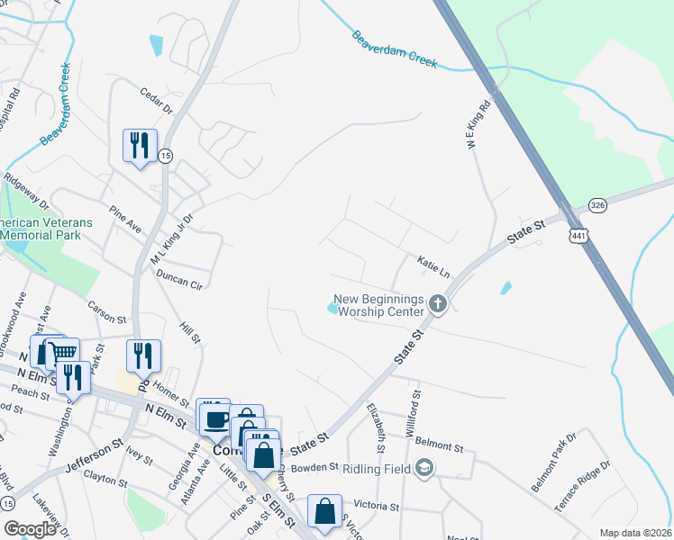 map of restaurants, bars, coffee shops, grocery stores, and more near 302 Highland Estates in Commerce