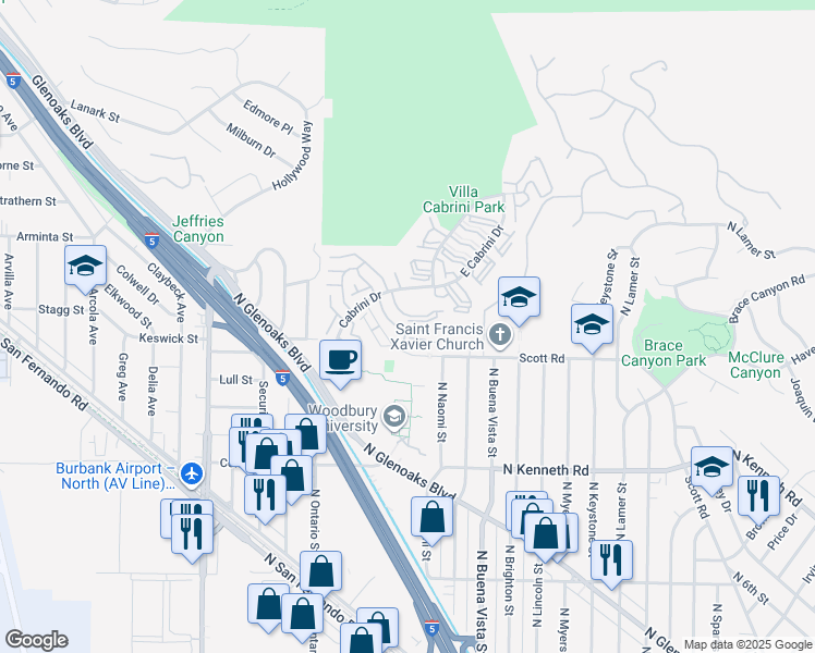 map of restaurants, bars, coffee shops, grocery stores, and more near 9647 Vía Torino in Burbank