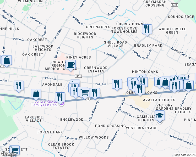 map of restaurants, bars, coffee shops, grocery stores, and more near 5431-5499 River to the Sea Bikeway in Wilmington