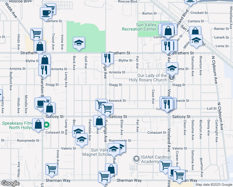 map of restaurants, bars, coffee shops, grocery stores, and more near 7707 Elmer Avenue in Los Angeles