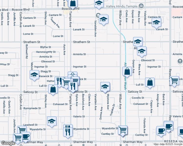 map of restaurants, bars, coffee shops, grocery stores, and more near 19109 Keswick Street in Los Angeles
