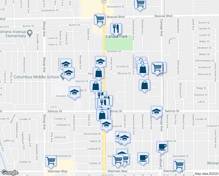 map of restaurants, bars, coffee shops, grocery stores, and more near 7700 Topanga Boulevard in Los Angeles