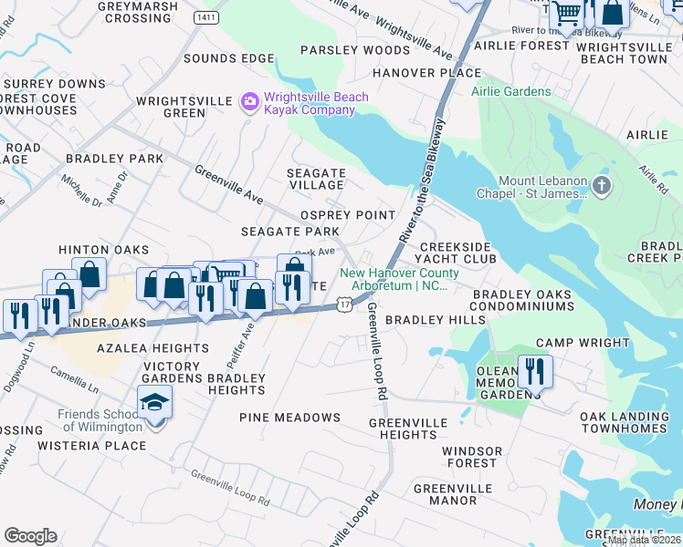 map of restaurants, bars, coffee shops, grocery stores, and more near 6115 Oleander Drive in Wilmington