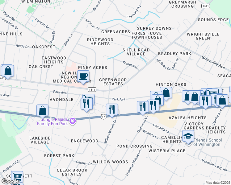 map of restaurants, bars, coffee shops, grocery stores, and more near 5431-5499 River to the Sea Bikeway in Wilmington