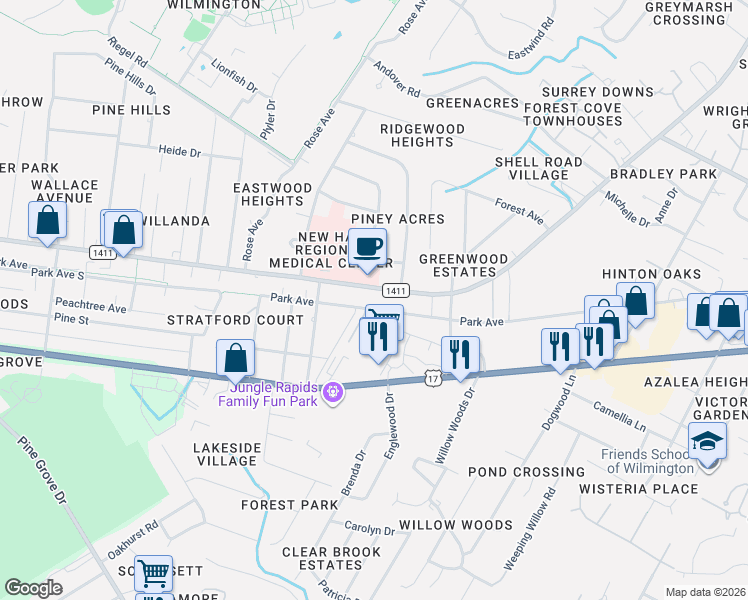 map of restaurants, bars, coffee shops, grocery stores, and more near 5324 Park Avenue in Wilmington