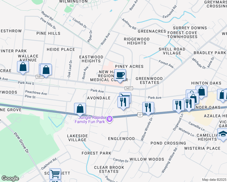 map of restaurants, bars, coffee shops, grocery stores, and more near 5324 Park Avenue in Wilmington