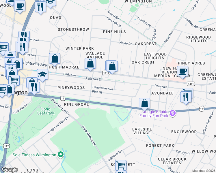 map of restaurants, bars, coffee shops, grocery stores, and more near 5021 Pine Street in Wilmington