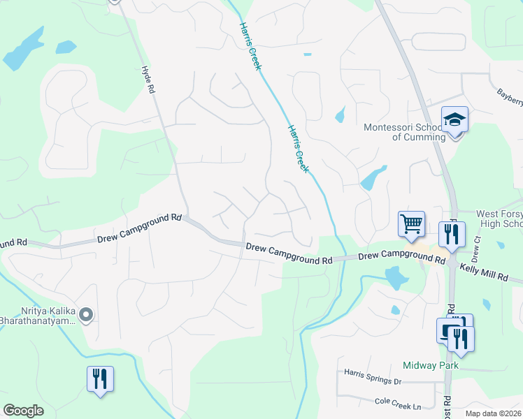 map of restaurants, bars, coffee shops, grocery stores, and more near 3840 Balas Street in Cumming