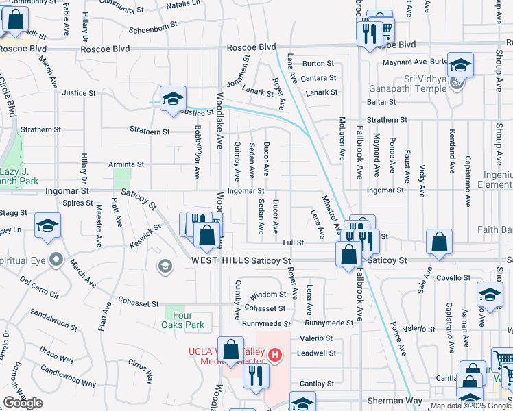 map of restaurants, bars, coffee shops, grocery stores, and more near 7729 Sedan Avenue in Los Angeles