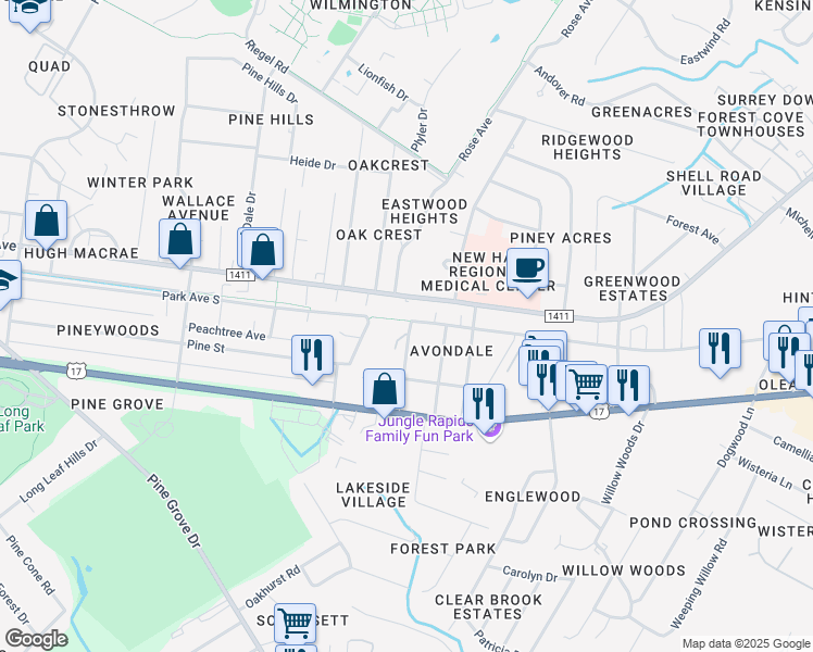 map of restaurants, bars, coffee shops, grocery stores, and more near 1308 Louisa Lane in Wilmington