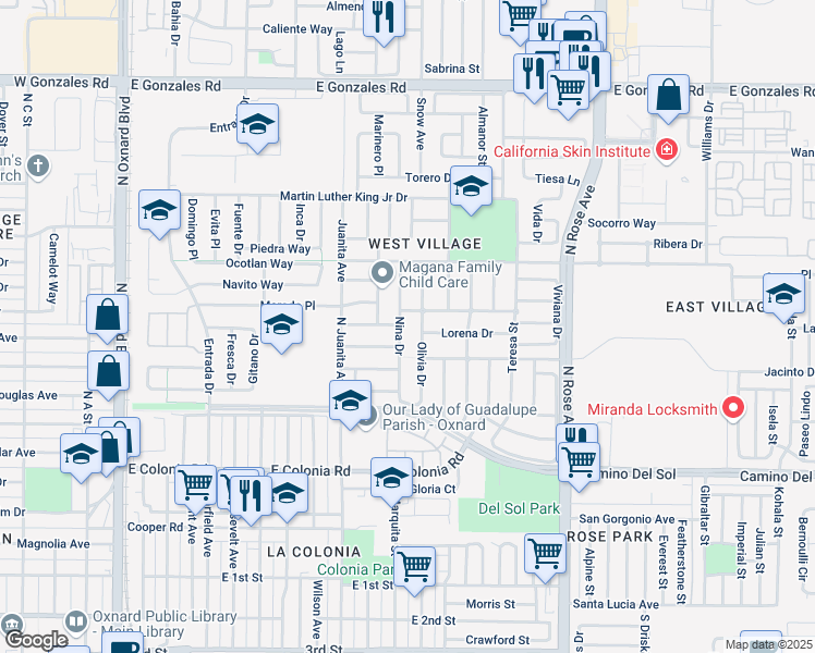 map of restaurants, bars, coffee shops, grocery stores, and more near 830 Nina Drive in Oxnard