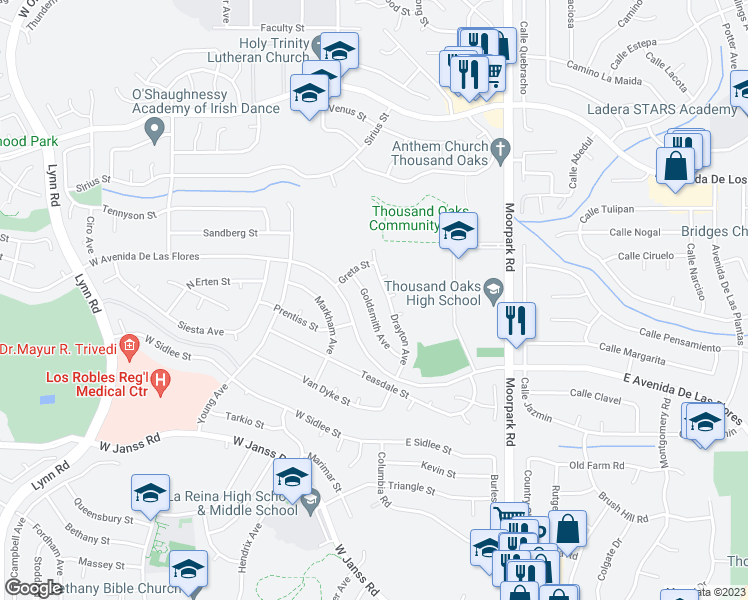 map of restaurants, bars, coffee shops, grocery stores, and more near 2348 Goldsmith Avenue in Thousand Oaks