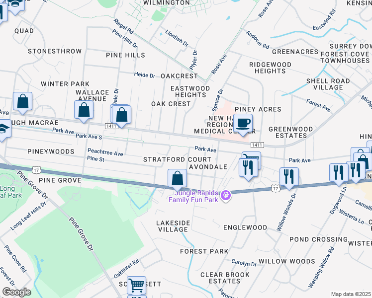 map of restaurants, bars, coffee shops, grocery stores, and more near 1310 Louisa Lane in Wilmington